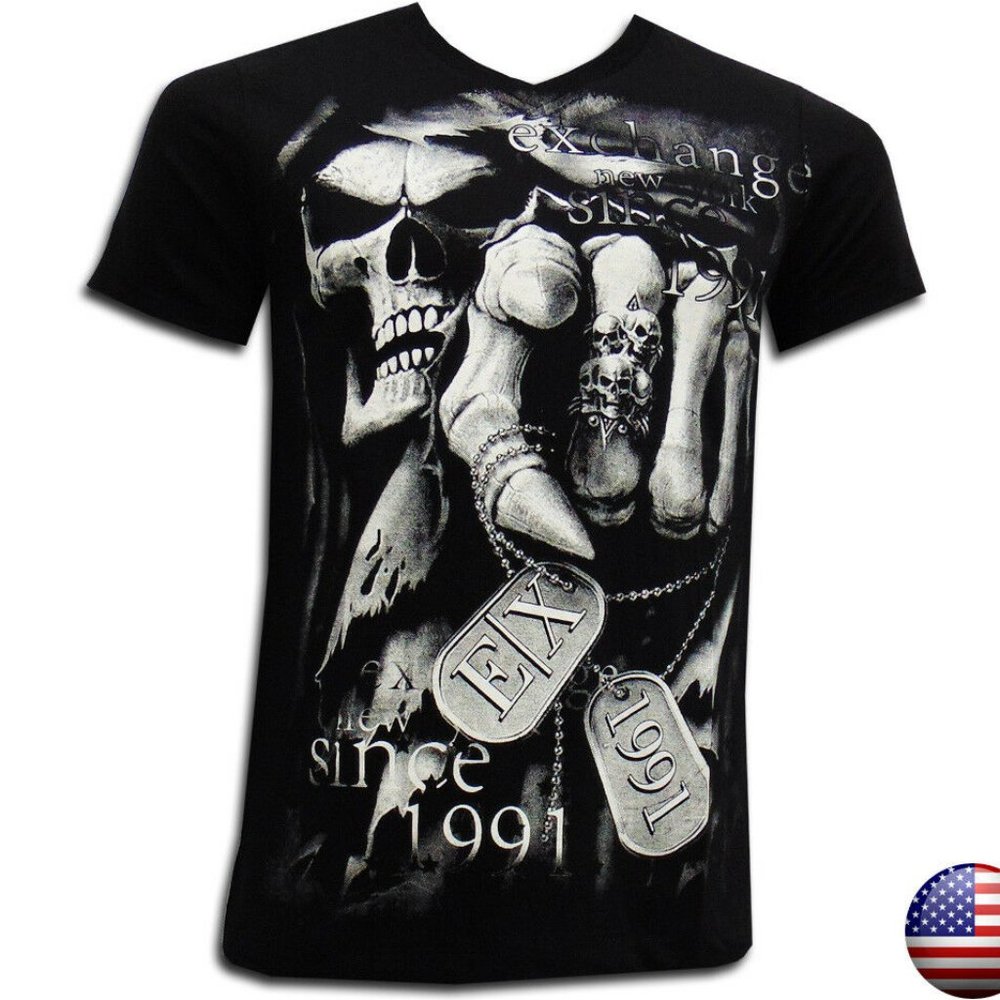 NWT EXCHANGE DEATH SKULL REAPER MEN'S BLACK V-NECK SHORT SLEEVE T-SHIRT SIZE S M